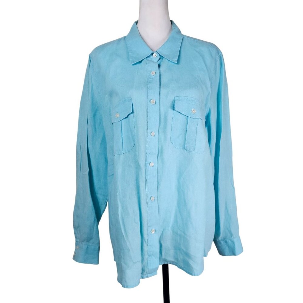 Vintage Talbots Irish Linen Button-Up Top 1X Aqua LS Coastal Lagenlook‎ Relaxed